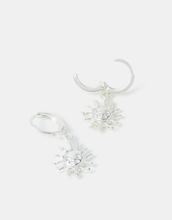 Sterling Silver-Plated Sun Charm Hoop Earrings, , large