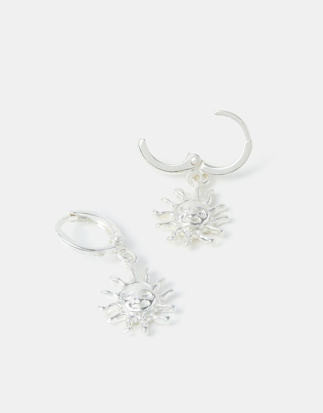 Sterling Silver-Plated Sun Charm Hoop Earrings, , large