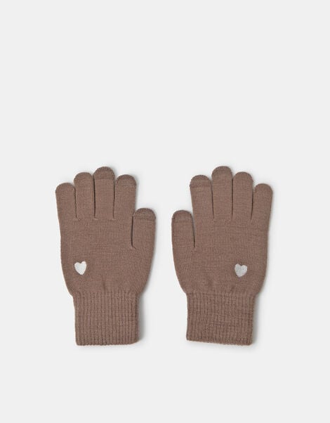 Heart Embroidered Touchscreen Gloves, Mink (MINK), large