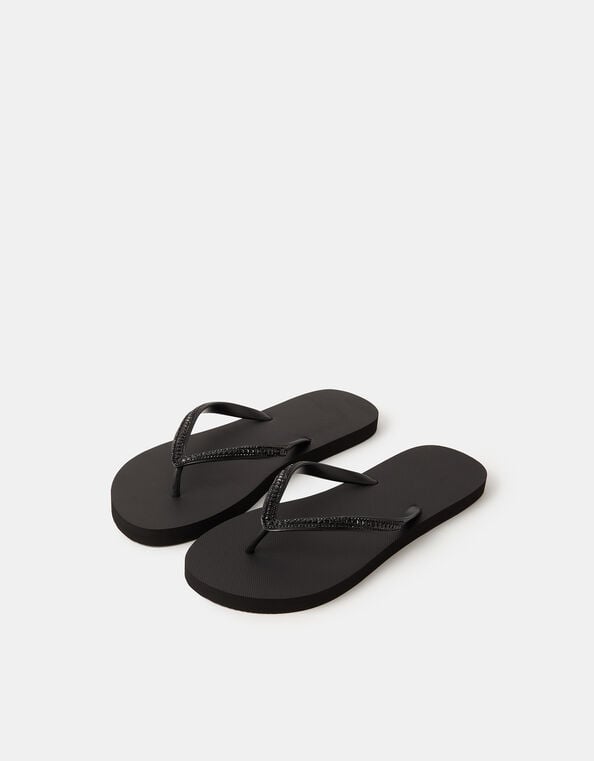 Crystal Embellished Flip Flops, Black (BLACK), large