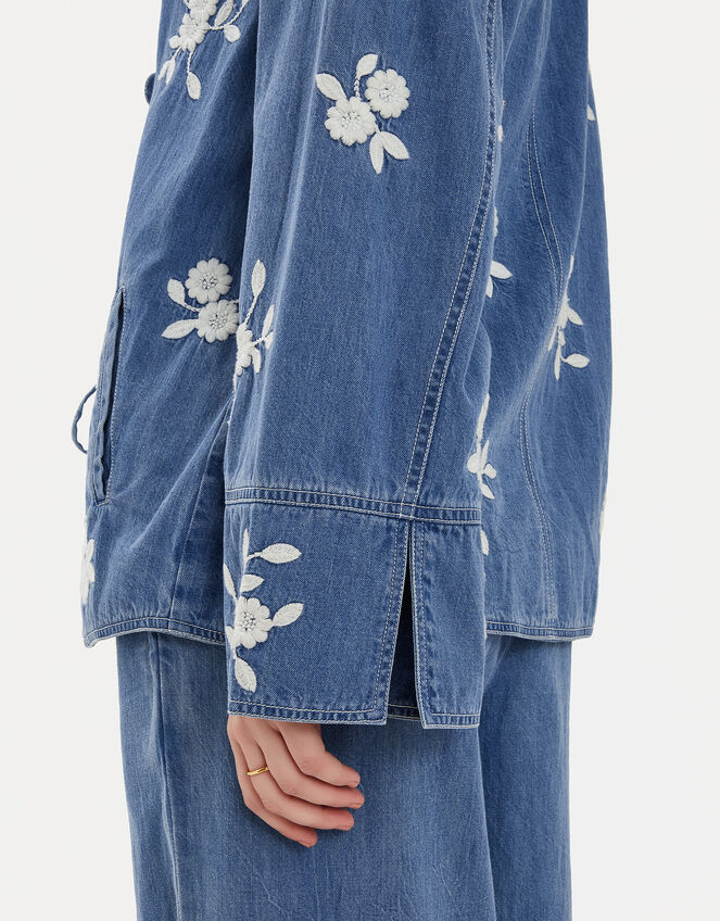 Floral Embroidered Chambray Tie Jacket, Blue (BLUE), large