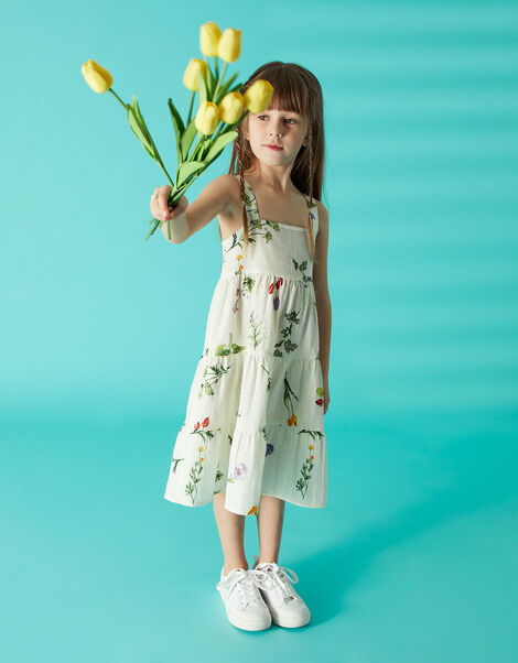 Girls Botanical Tiered Floral Print Dress, Multi (PASTEL-MULTI), large