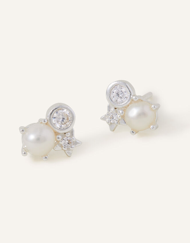 Sterling Silver-Plated Cluster Stud Earrings, , large