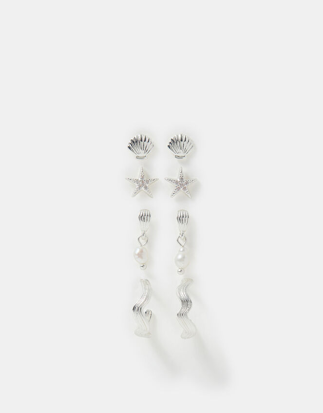 4-Pack Sterling Silver-Plated Shell Stud & Hoop Earrings, , large