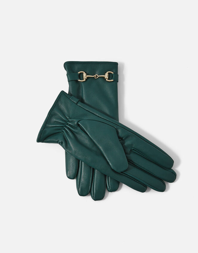 Leather Horsebit Gloves, Green (GREEN), large
