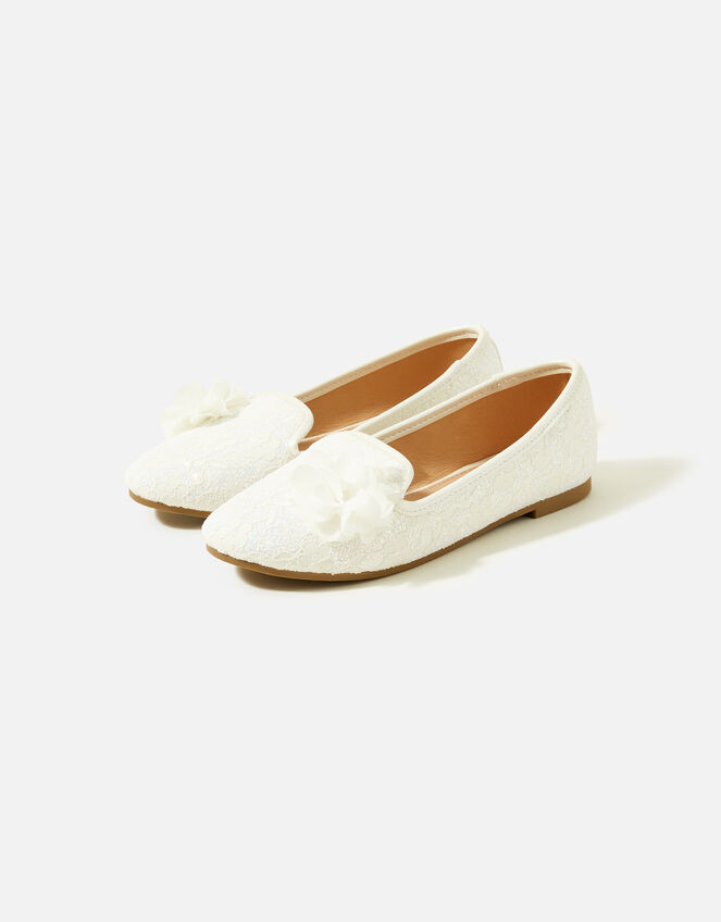 Girls Lace Corsage Slipper Shoes, Ivory (IVORY), large