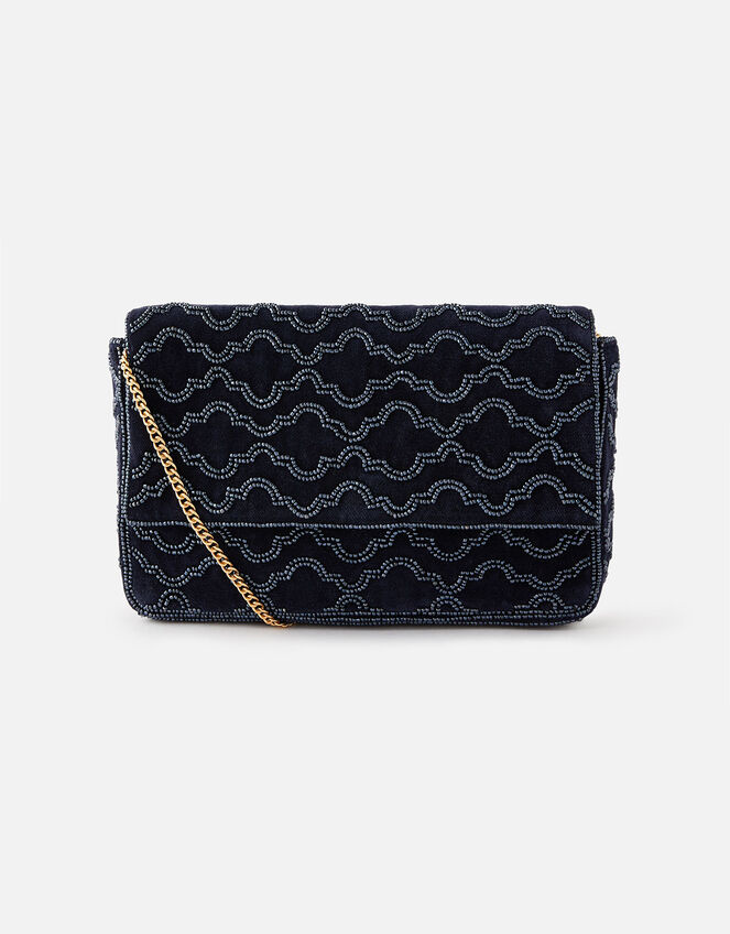 Grecian Tile Velvet Clutch Bag , Blue (NAVY), large