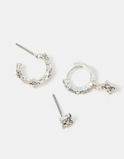 3-Pack Floral Stud & Hoop Earrings, Silver (SILVER), large