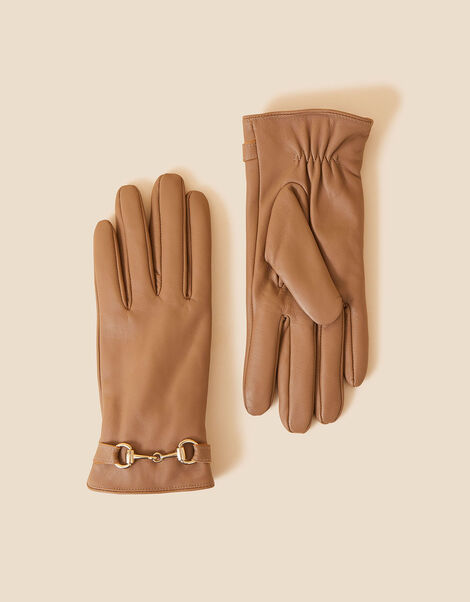 Leather Horsebit Gloves, Camel (CAMEL), large