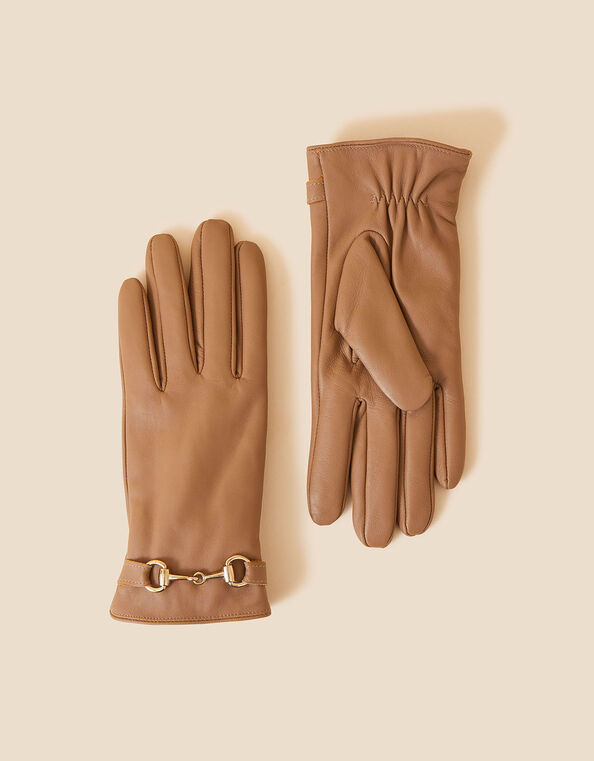 Leather Horsebit Gloves Camel, Camel (CAMEL), large