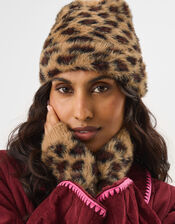 Leopard Print Beanie Hat & Gloves Set, , large
