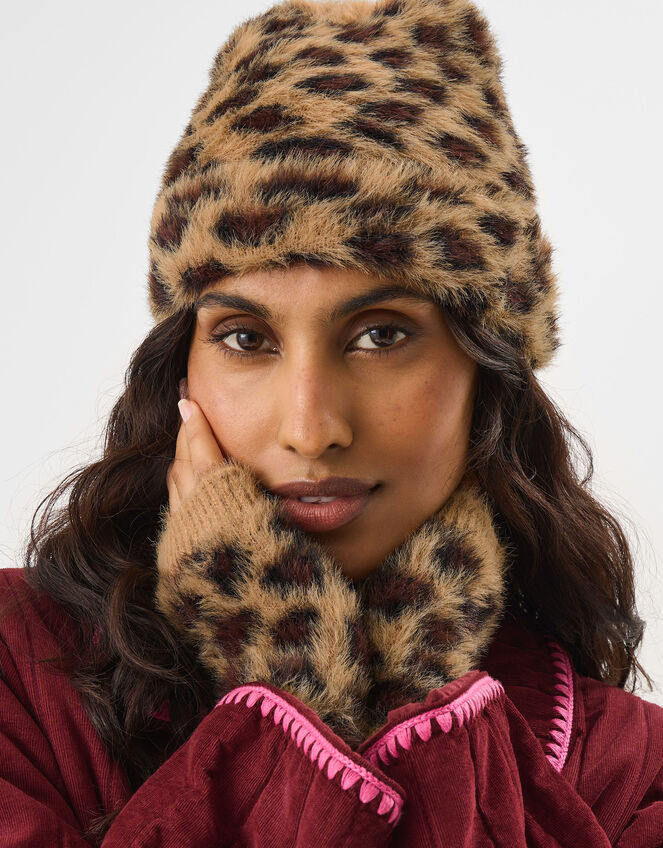 Leopard Print Beanie Hat & Gloves Set, , large