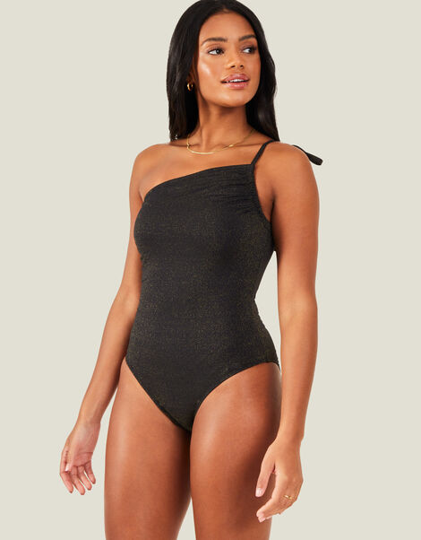 One Shoulder Shimmer Swimsuit, Black (BLACK), large