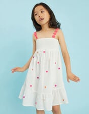 Girls Floral Embroidered Smocked Dress, White (WHITE), large