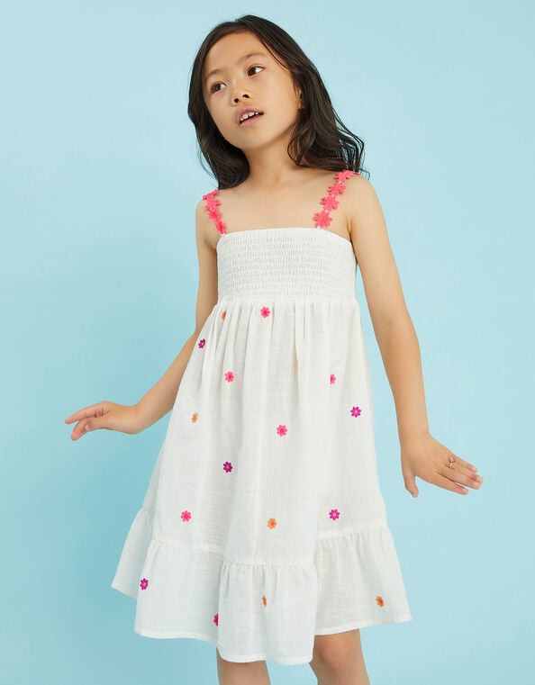 Girls Floral Embroidered Smocked Dress, White (WHITE), large