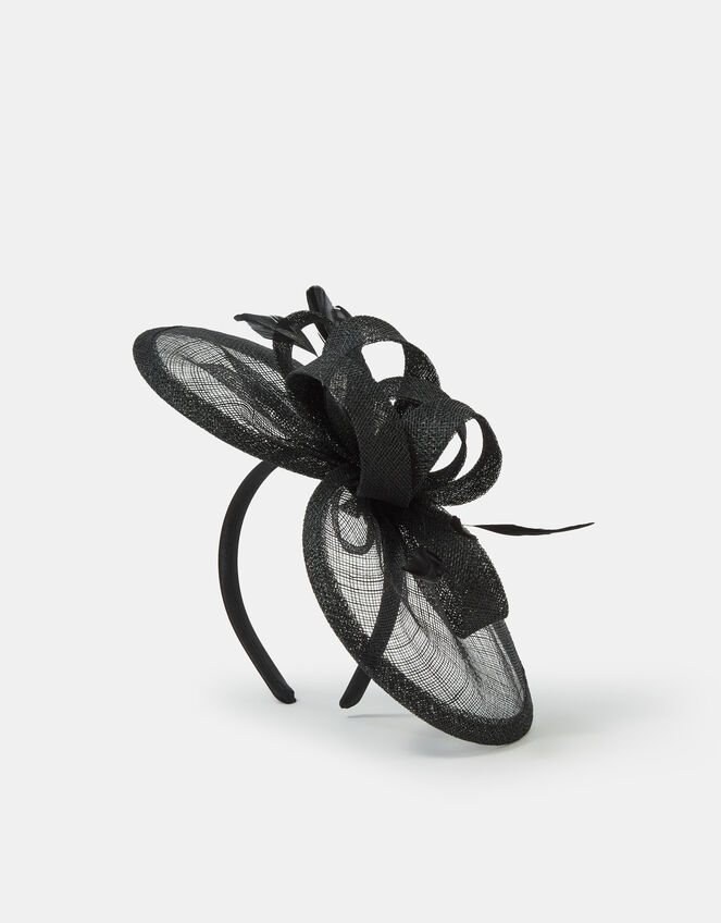 Bow Feather Disc Fascinator, Black (BLACK), large