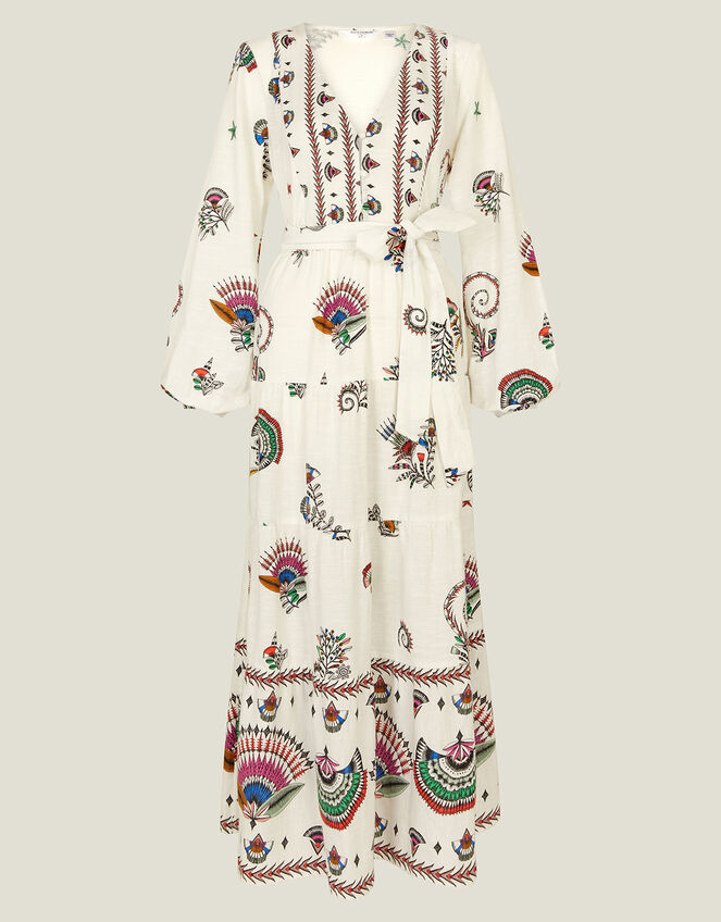 Fan Print Long Sleeve Tiered Dress, Ivory (IVORY), large