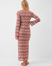 Long Sleeve Crochet Maxi Beach Dress, Red (RED), large