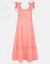 Gingham Smocked Frilly Midi Dress, Orange (CORAL), large