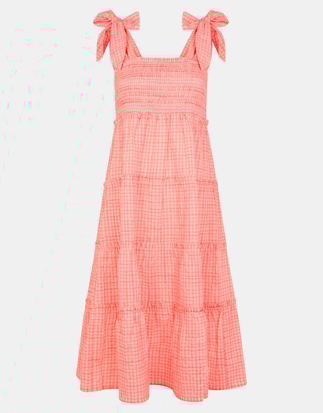 Gingham Smocked Frilly Midi Dress, Orange (CORAL), large