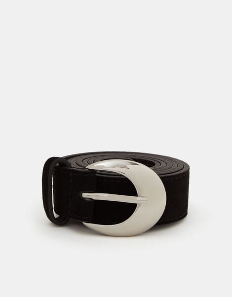 Oval Buckle Suede Belt, Black (BLACK), large