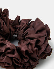 Oversized Ruffle Satin Hair Scrunchie Brown, , large