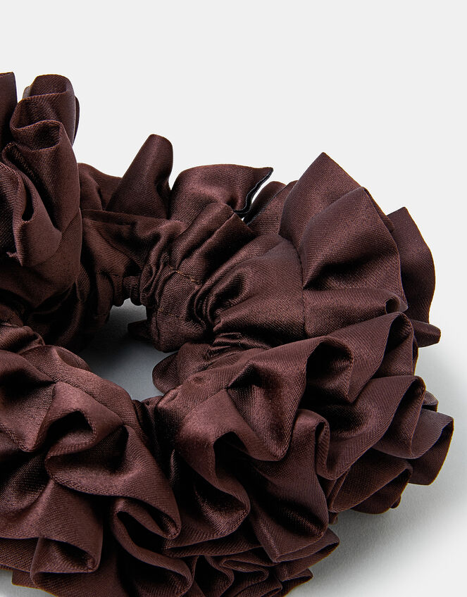 Oversized Ruffle Satin Hair Scrunchie Brown, , large