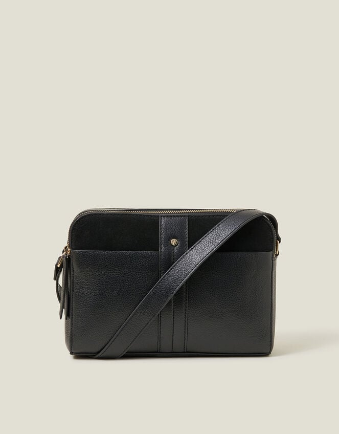 Double Zip Leather Cross-Body Bag, Black (BLACK), large