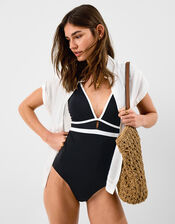 UPF50+ Contrast Plunge Shaping Swimsuit, Black (BLACK), large