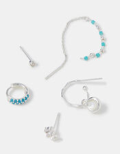 5-Pack Sterling Silver-Plated Blue Stone Stud & Hoop Earrings, , large