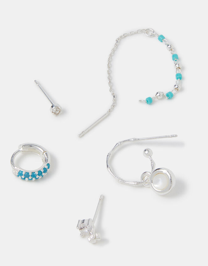 5-Pack Sterling Silver-Plated Blue Stone Stud & Hoop Earrings, , large
