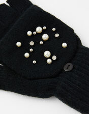 Pearl and Crystal Capped Knit Gloves, Black (BLACK), large