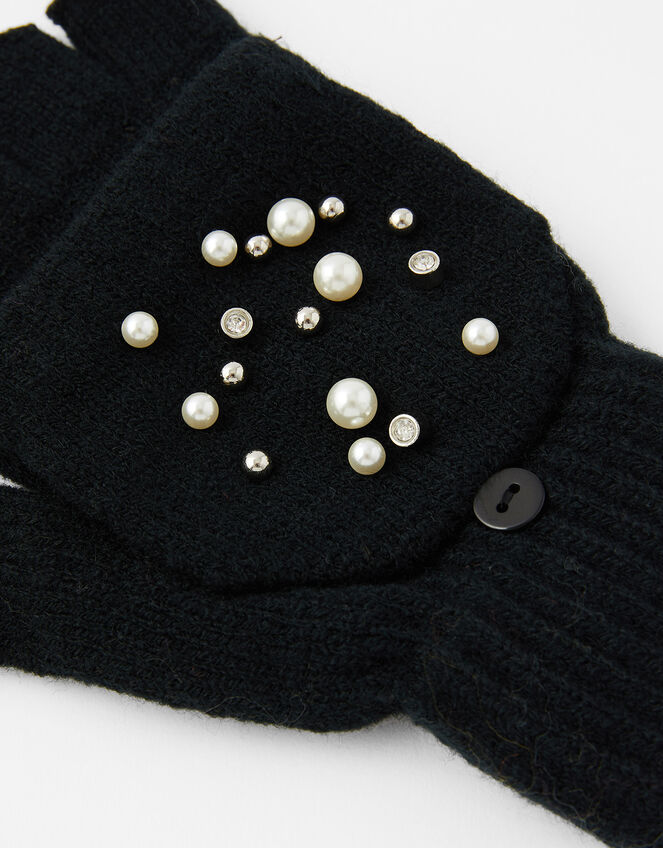 Pearl and Crystal Capped Knit Gloves, Black (BLACK), large