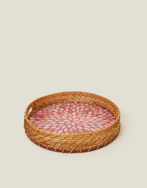 Round Inlay Raffia Tray Pink, , large