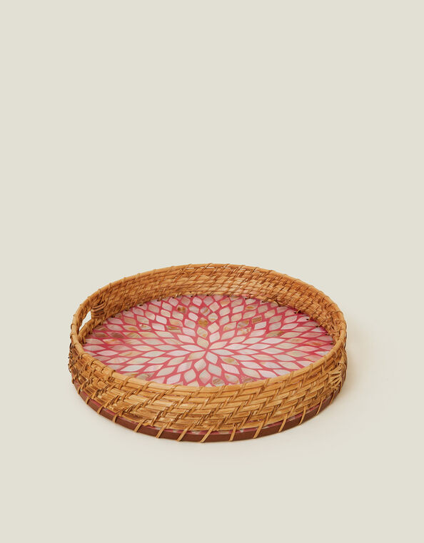 Round Inlay Raffia Tray Pink, , large