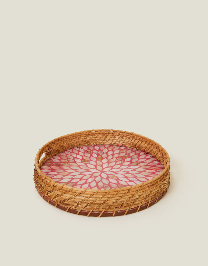 Round Inlay Raffia Tray Pink, , large