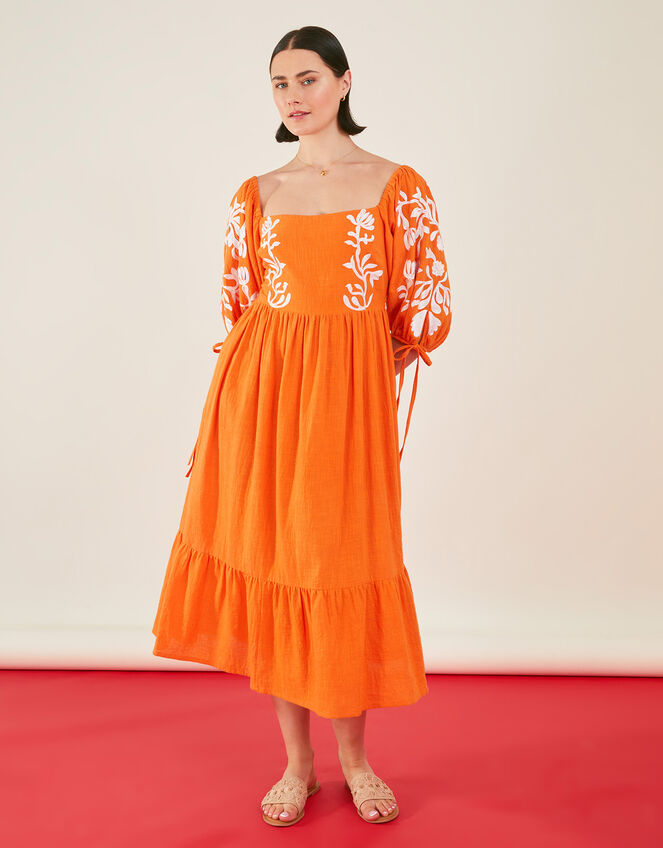Ornamental Print Embroidered Puff Sleeve Midi Dress, Orange (ORANGE), large
