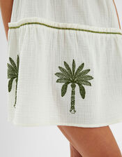 Palm Embroidered Frilly Mini Dress, Ivory (IVORY), large