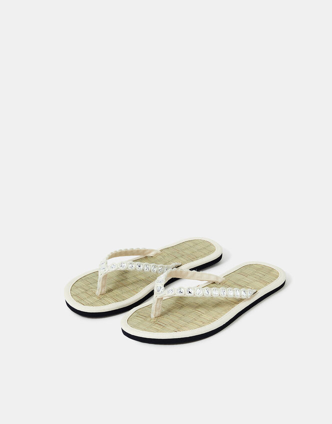Mirror Embellished Seagrass Flip Flops, Cream (CREAM), large