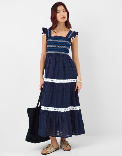 Smocked Lace Midi Dress, Blue (NAVY), large