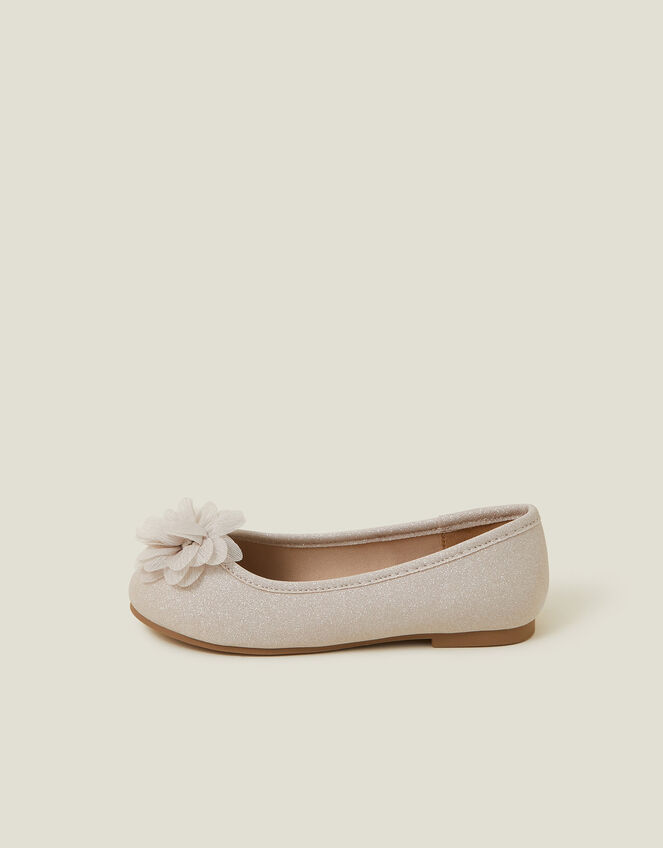 Girls Flower Corsage Glitter Ballet Flats, Gold (GOLD), large