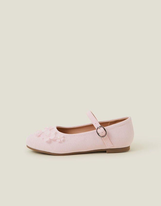 Girls Flower Glitter Strappy Ballet Flats, Pink (PINK), large