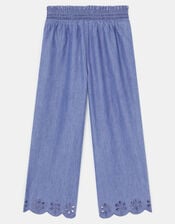 Girls Broderie Trim Chambray Trousers, Blue (BLUE), large