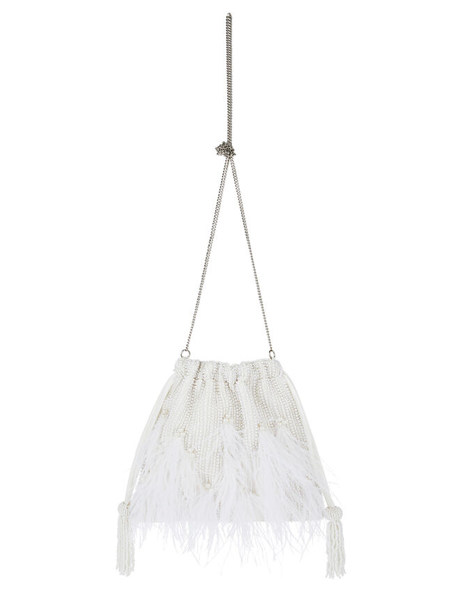 Bead and Feather Bridal Pouch Bag, , large