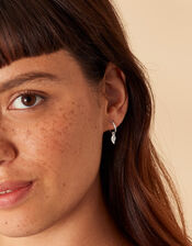 Sterling Silver Leaf Charm Hoop Earrings, , large