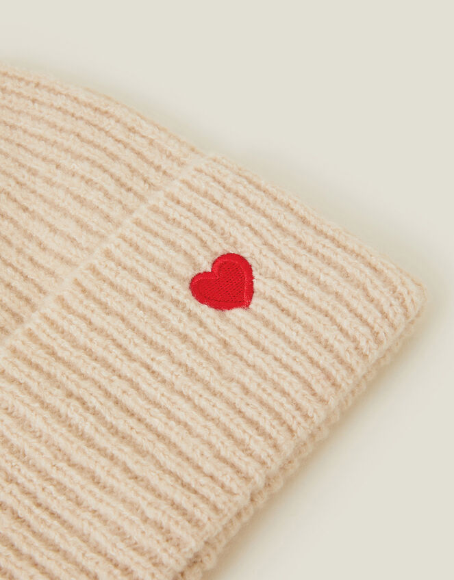 Embroidered Heart Beanie Hat, Natural (NATURAL), large