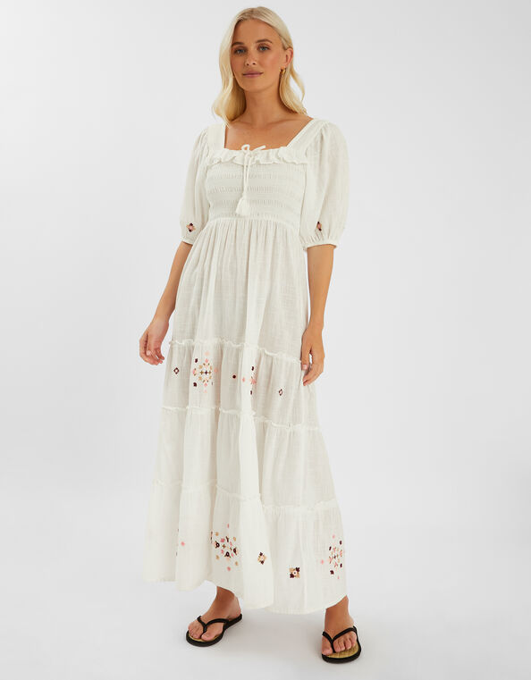Embroidered Smocked Puff-Sleeve Maxi Dress, Ivory (IVORY), large