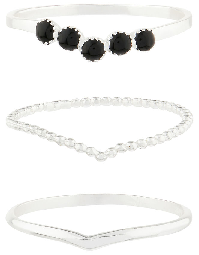 Sterling Silver Wishbone Stacking Ring Set, Black (BLACK), large