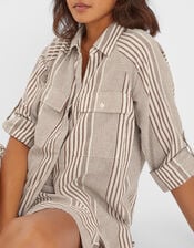 Stripe Beach Cover Up Shirt, Brown (BROWN), large