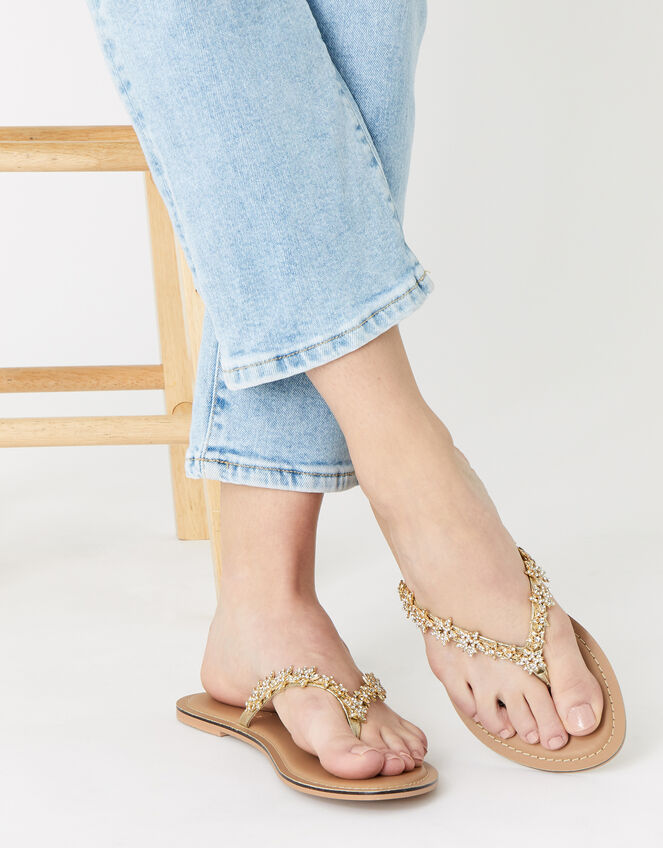 Star Embellished Thong Flip Flops, Gold (GOLD), large